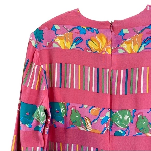 Vtg Anne Crimmins Umi Collections Silk Floral Striped Art Wear Dress Pink Size 4 - Picture 4 of 10